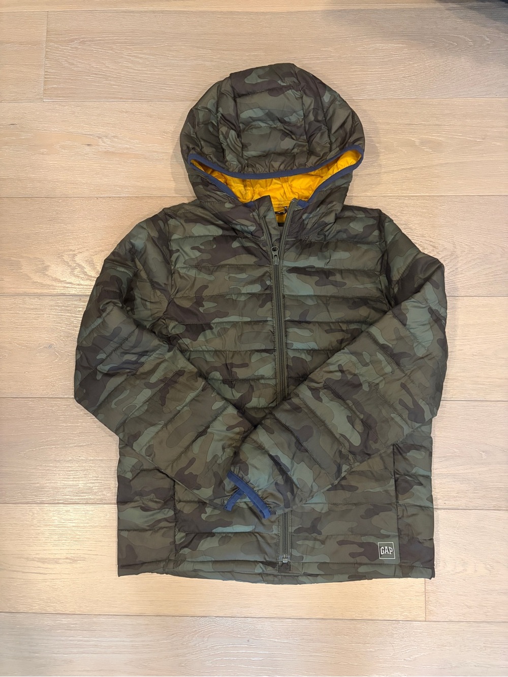GAP Green Camouflage Hooded Puffer Jacket with Yellow Lining